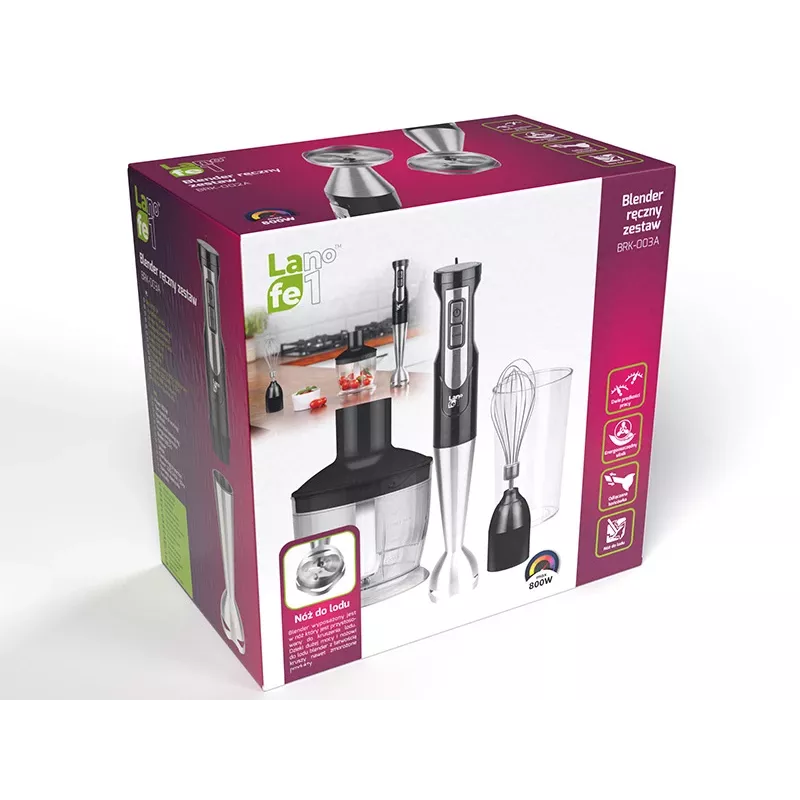 LAFE BlendMix BRK-003A conjunto de varinha mágica, 800 W, 2 velocidades, turbo, lâmina de aço inoxidável, copo de 0,6 l, preto/prateado