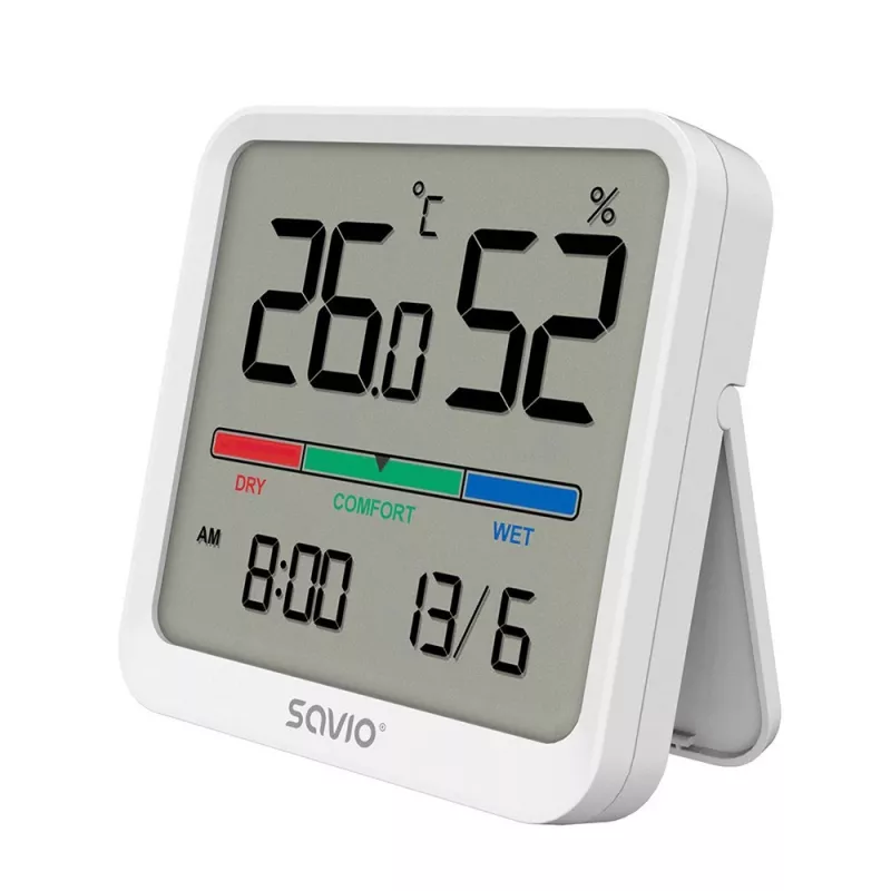 Sensor de temperatura e humidade interior SAVIO CT-01/W, ecrã LCD, -10–55 °C, 10–99 % HR, pilha CR2032