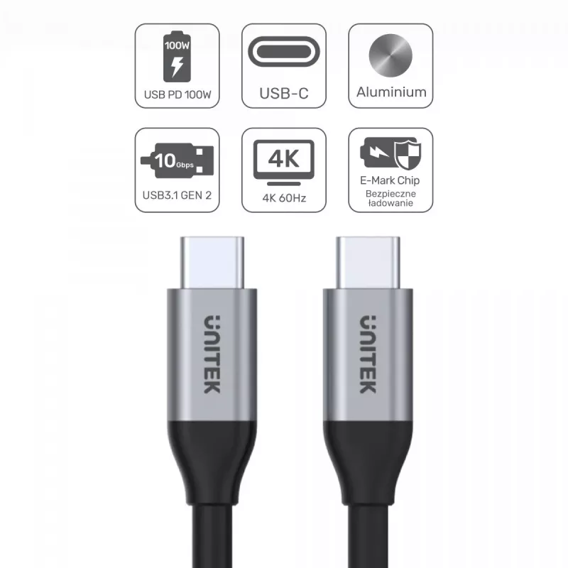 Cabo de dados e carregamento USB-C para USB-C Unitek C14082ABK 1 m, USB 3.2 Gen 2 (10 Gbit/s), 100 W PD, preto