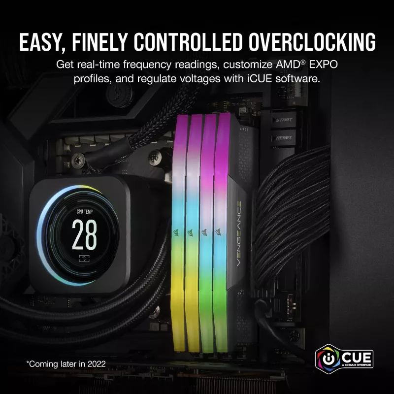 CORSAIR VENGEANCE RGB 32GB 2x16GB DDR5 6000MT/s DIMM Unbuffered 36-44-44-96 Std PMIC AMD EXPO dissipador cinzento PCB preto 1.4V