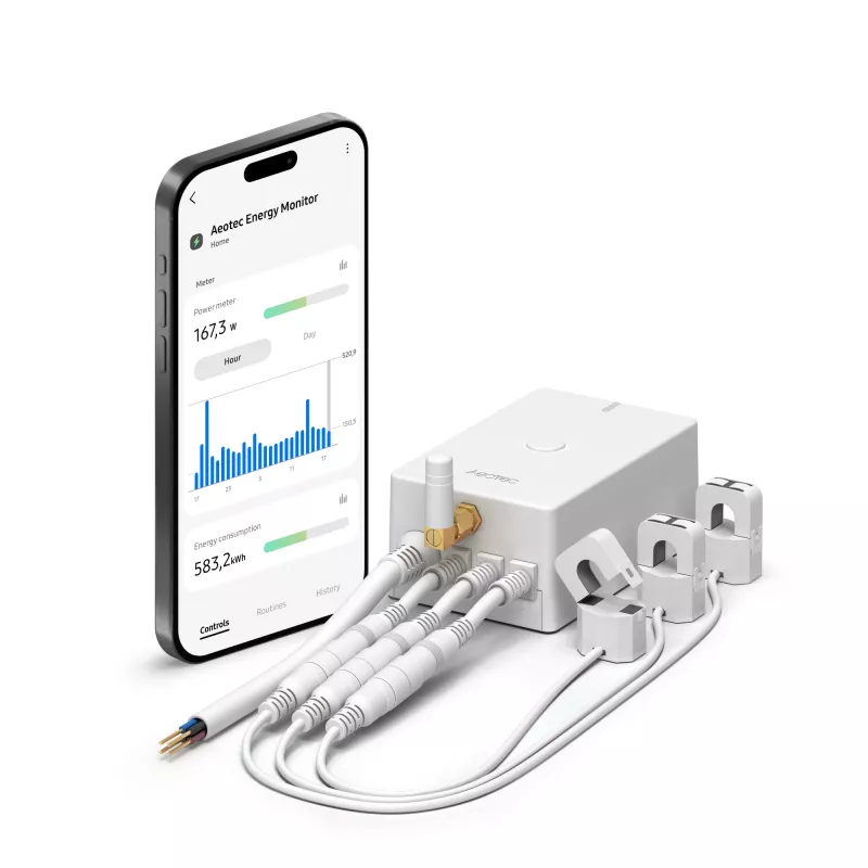 Medidor de energia AEOTEC AEOEZWA046C3A60 — três pinças 60 A com Z-Wave para monitorização monofásica ou trifásica