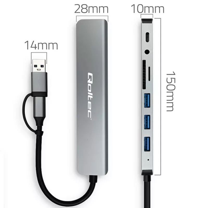 Hub USB-C QOLTEC 4x USB + leitor de cartões SD/TF modelo 53794