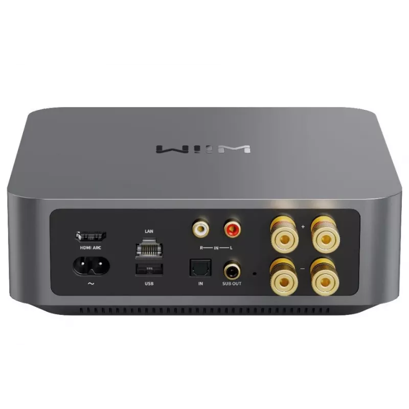 WiiM Amp Pro LPWIAMPP amplificador estéreo multiroom de streaming, 60 W/canal a 8 Ω / 120 W/canal a 4 Ω, HDMI ARC, ótico, entrada de linha, Ethernet, alumínio, cinzento escuro