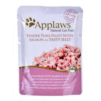 Alimento húmido para gatos Applaws Atum e Salmão em Gelatina 70 g saqueta — adulto, 13% proteína, 82% humidade