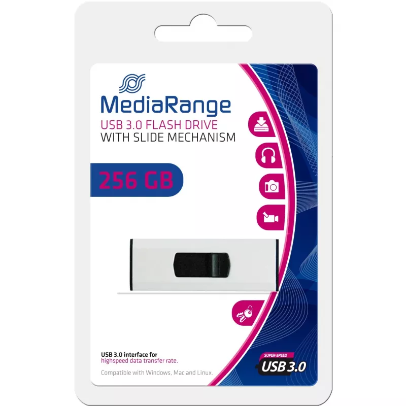 MediaRange - Pen USB - 256 GB - USB 3.0 - Preto, Prateado (MR919)