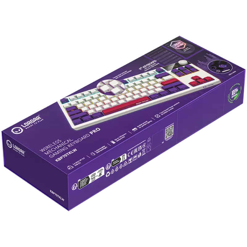 LORGAR KBP70TKLW, Teclado de gaming mecânico TKL sem fios Pro, branco, layout EN