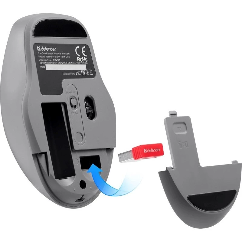 Defender Feam MM-296 52294 rato sem fios, clique silencioso, ótico, 1600 DPI, USB, menta