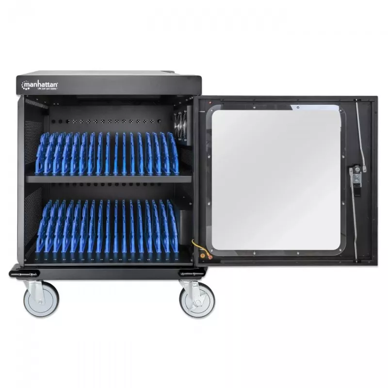 Carrinho/armário de carregamento para portáteis Manhattan com adaptador AC (UE) 32 compartimentos, instale o adaptador AC (cabo de alimentação) do dispositivo no dispositivo, adequado para TODOS os portáteis (até 15,6 polegadas), iPads, MacBooks, Chromebooks, outros dispositivos USB-C, compartimentos 380 x 30 x 280 mm, armário, com fecho