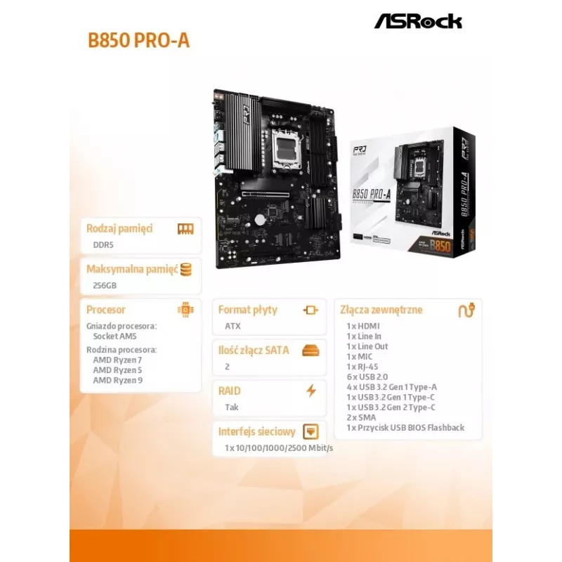 Motherboard ASRock B850 Pro-A AM5 ATX