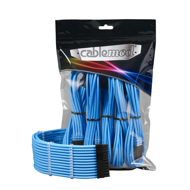 Conjunto de extensão de cabo CableMod PRO ModMesh 12VHPWR — azul-claro, extensões GPU 12+4 pinos de 3 peças