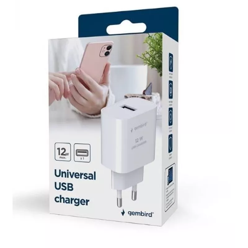 Carregador para dispositivos móveis GEMBIRD TA-UC-1A12-01 5V 2.4A 12W USB PD, 1 conector, Branco