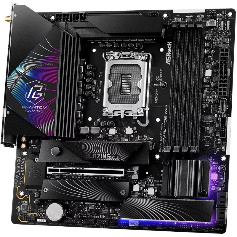 ASRock Phantom Gaming Z890M Riptide WiFi placa-mãe, Intel Z890, LGA1851, micro ATX, DDR5, até 256 GB, Wi-Fi 6E, Bluetooth, LAN 5GbE, USB4