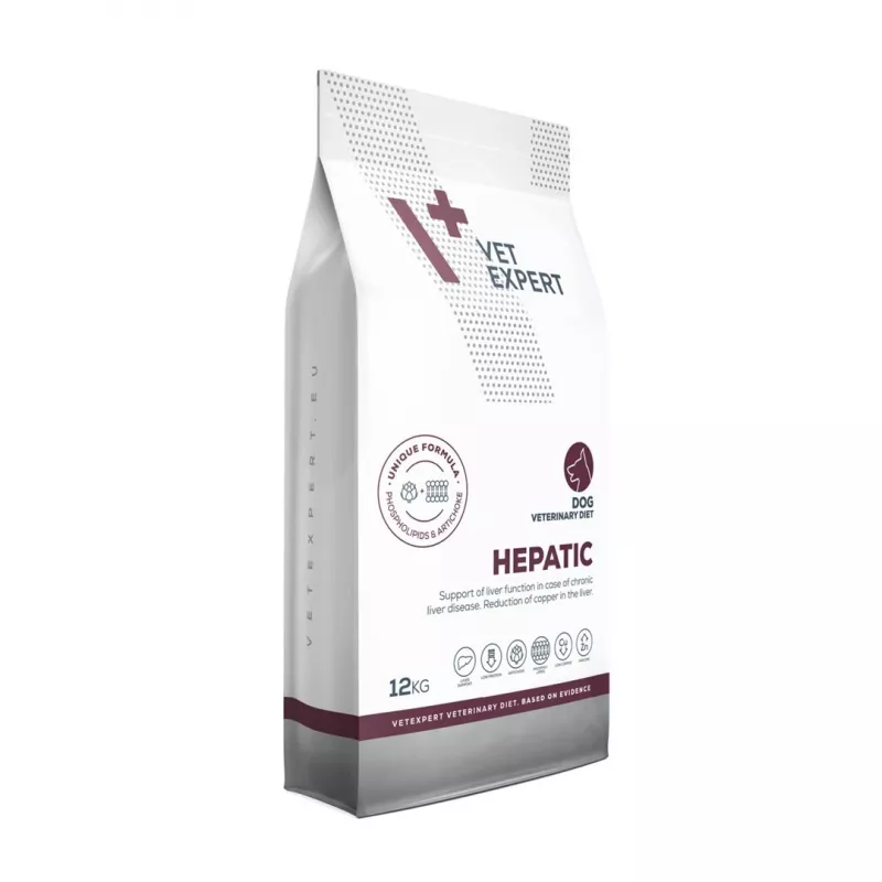 Comida seca para cães VETEXPERT Veterinary Diet Hepatic 12 kg — alimentação dietética para suporte hepático, sabor a carne, para cães adultos 10–15,9 kg