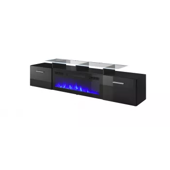 Móvel de TV Cama Meble ROVA com lareira elétrica, 190x37x48 cm, preto/preto brilhante