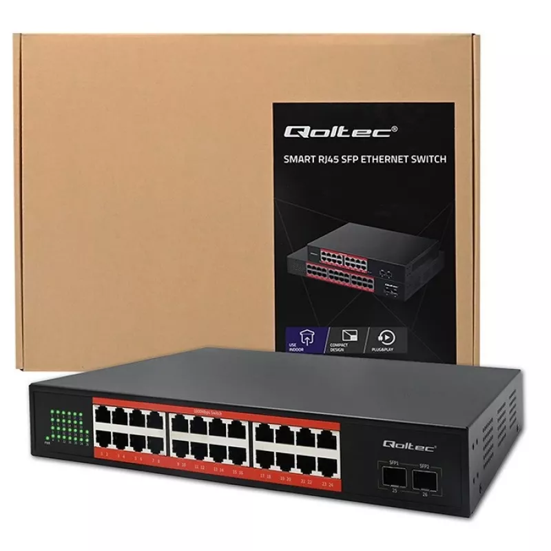 Switch de rede QOLTEC Gigabit Ethernet PoE 24xRJ45 2xSFP