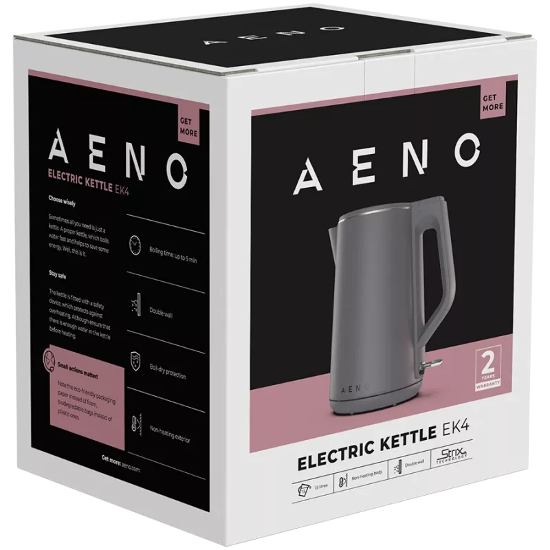 Chaleira elétrica AENO EK4: 1850-2200W, 1,5L, Strix, parede dupla, exterior frio, desligamento automático, proteção contra funcionamento a seco