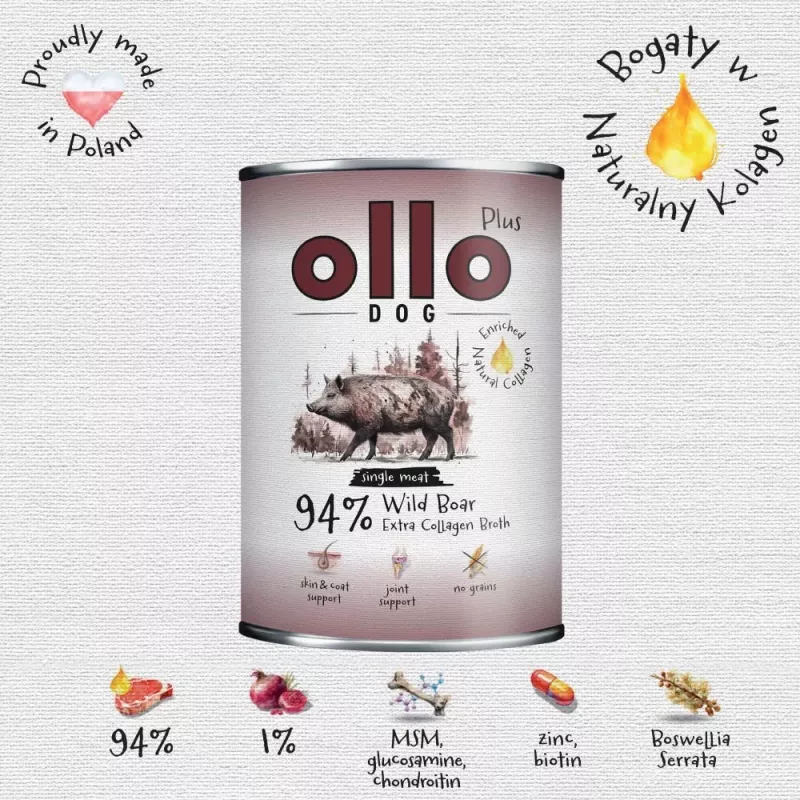 Ollo Plus Colagénio Javali 400g Lata de comida para cães