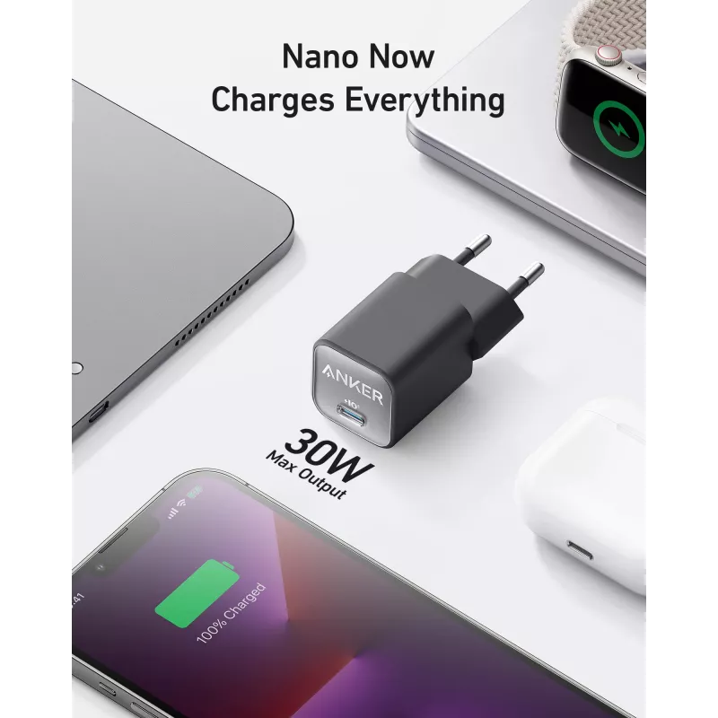 Carregador AC interior Anker 511 Nano 3 — 30W, 1× USB-C, 100–240V, preto