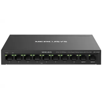 Switch de rede MERCUSYS MS110CMP — 8 portas PoE, 10 portas Gigabit RJ-45 no total, orçamento PoE de 115 W, montagem em secretária/parede, preto