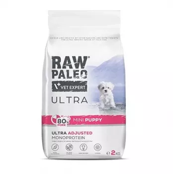 Comida seca VETEXPERT RAW PALEO Ultra Mini Puppy Pork 2 kg — alimento completo para cachorros de raças pequenas e mini, 33 % de proteína, 19 % de gordura