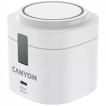 Estação de carregamento sem fios 4-em-1 Canyon, máx. 30 W, tamanho: 70x70x70,3 mm, peso: 414 g, com fonte de alimentação de 65 W e cabo de 1 m, branco