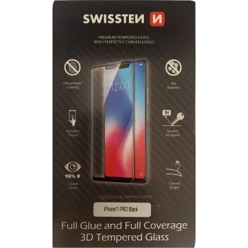 Película de proteção de ecrã 3D vidro temperado cola total SWISSTEN para iPhone 11 Pro – preto