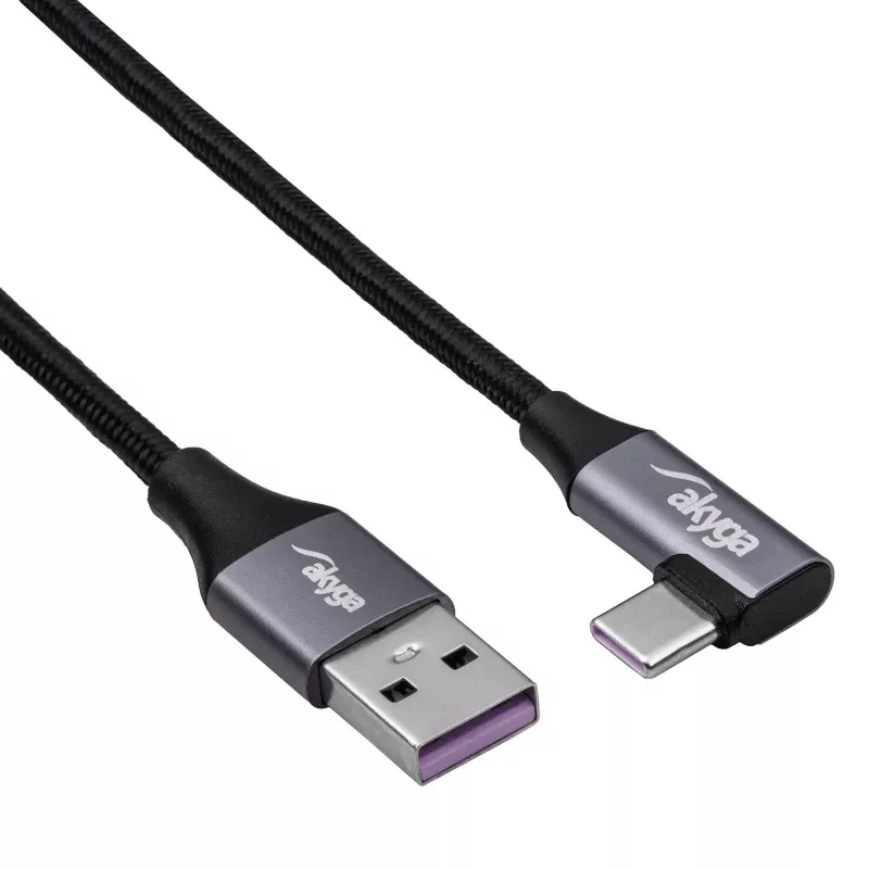 Cabo USB-C para USB-A angular Akyga AK-USB-58, 30 cm, 60 W, entrançado, preto