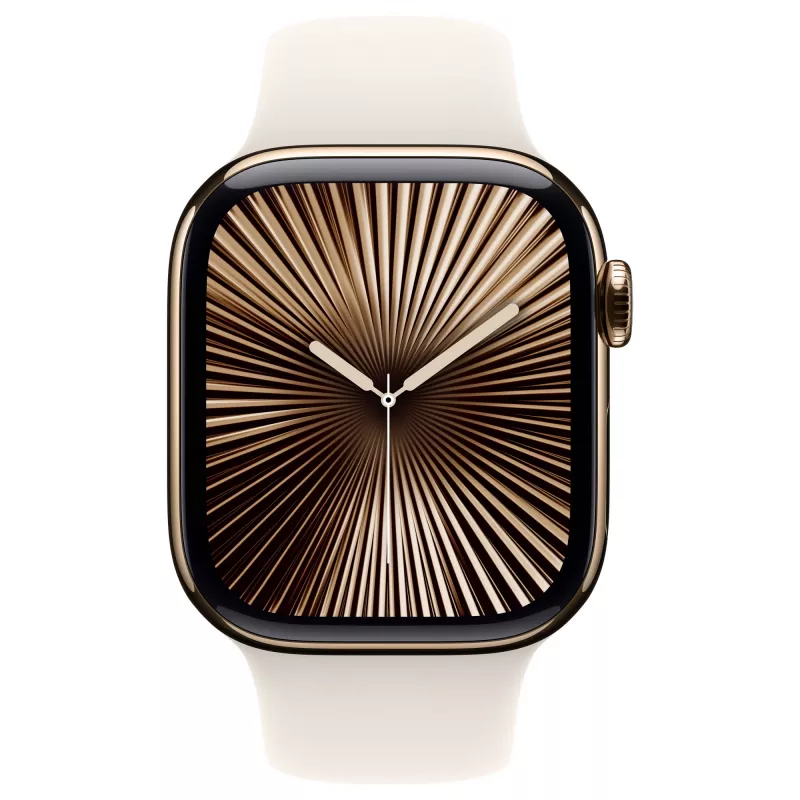 Apple Watch Series 10 GPS + Cellular 42mm caixa de titânio dourado com pulseira desportiva Starlight – S/M (MX063QF/A)