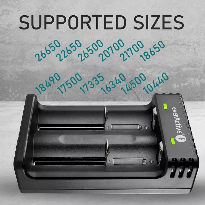 Carregador de pilhas everActive LC200 doméstico USB, 2 compartimentos, Li-Ion, compatível com A/AA/AAA/AAAA/C/D, entrada 5 V, saída 4,2 V, preto