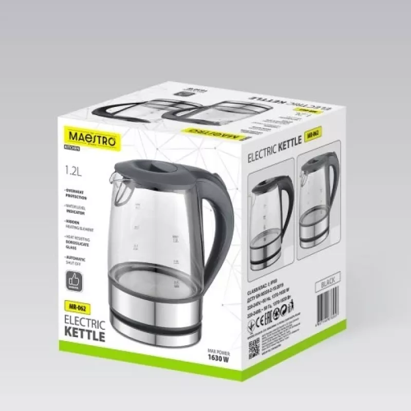 Maestro MR-062-BLACK chaleira elétrica de vidro, 1630 W, 1,2 L