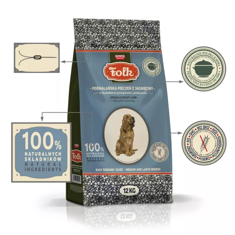 FOLK raças médias e grandes assado de borrego à moda de Podhale com codorniz e salsa - comida seca para cães - 12 kg