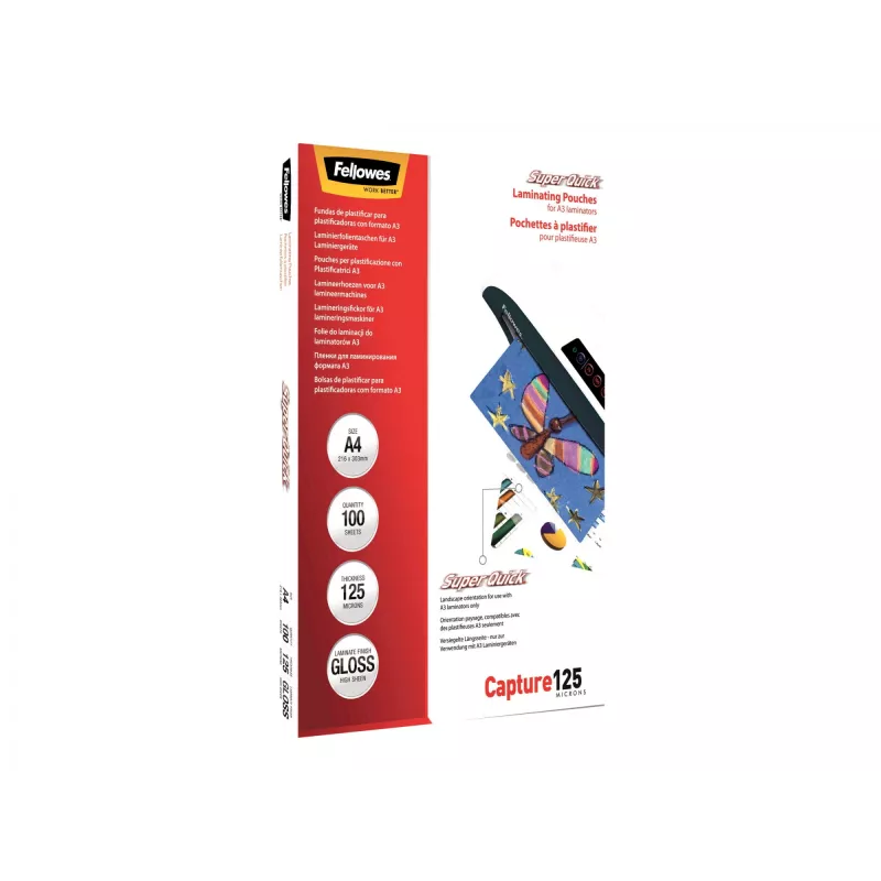 Plástico de laminação Fellowes SuperQuick A4 brilhante 125 mícron