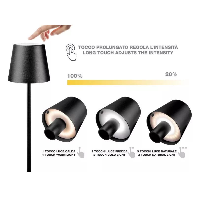 Beper P201UTP118 candeeiro de mesa LED recarregável, 1,5 W, interruptor tátil, regulável, adaptador para garrafa de 33 mm, resistente à água, preto