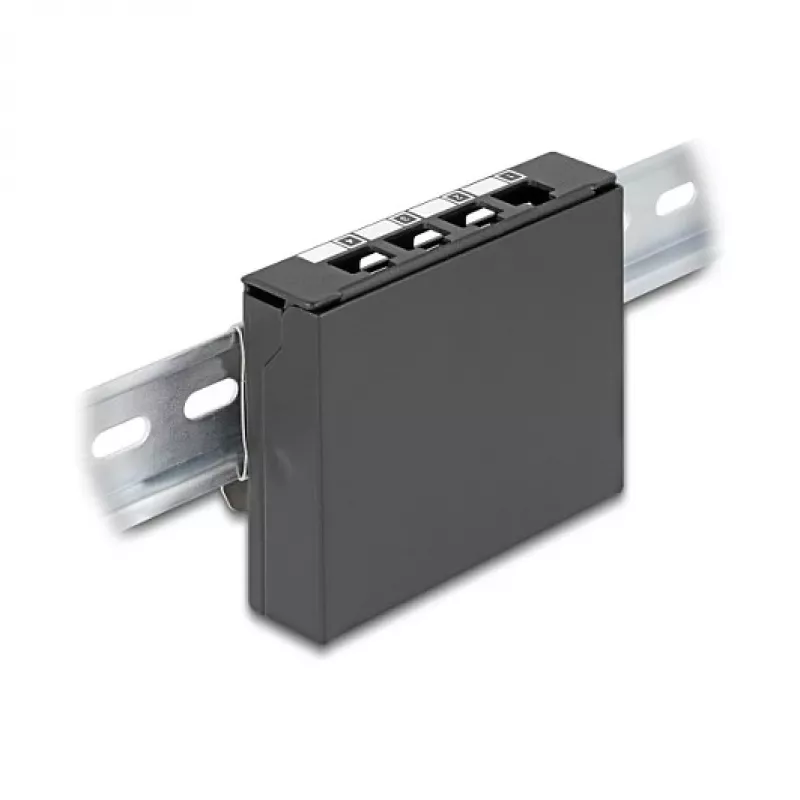 Tampa cega DELOCK 4 portas para módulos Keystone RJ, preto, metal — montagem em mesa/parede/calha DIN