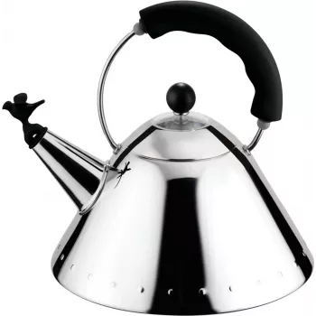 Alessi 9093 B Chaleira com pega, aço inoxidável, apito em forma de pássaro em PA preto