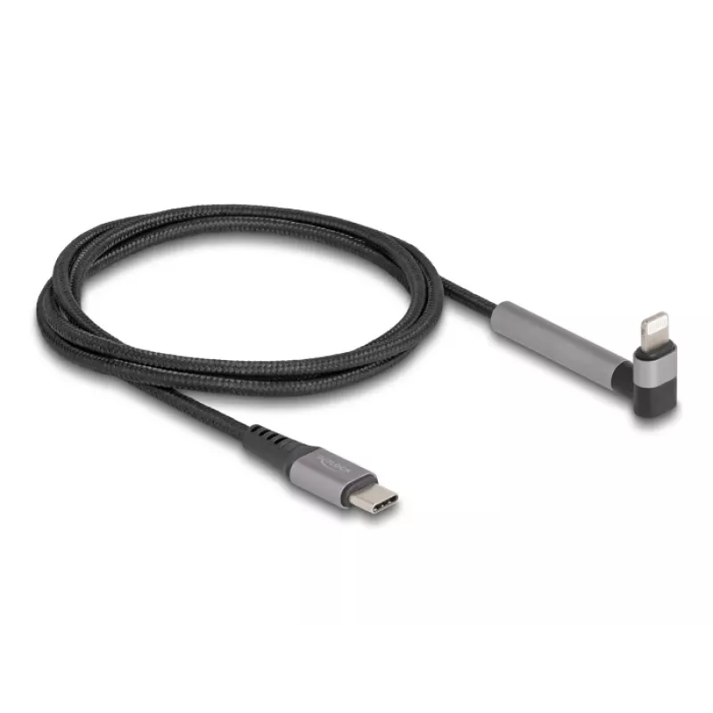 Cabo de carregamento e dados USB Type-C para Lightning com ficha angular e função de suporte, DELOCK 1,5 m, 9 V 3 A (MFi)