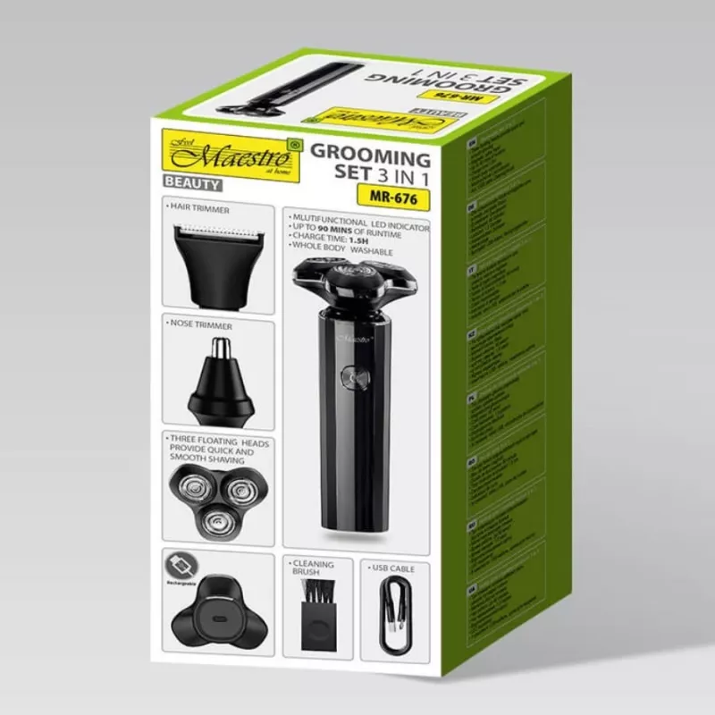 Conjunto de barbear Maestro MR-676 3-em-1 recarregável por USB design compacto