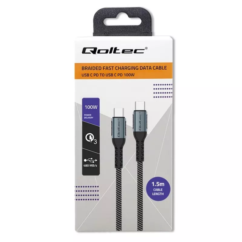 Qoltec 52358 cabo USB-C para USB-C, USB 2.0, 480 Mbps, 100 W PD, QC 3.0, entrançado de nylon, 1,5 m, preto