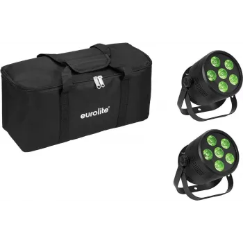 Projetor LED Par EUROLITE Silent Par 6 QCL Floor conjunto com 2 unidades e bolsa macia