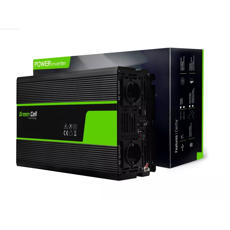 Inversor para automóvel Green Cell INV22 — 1500 W, 12 V DC para 230 V AC, 50 Hz, LED, arrefecimento ativo, preto