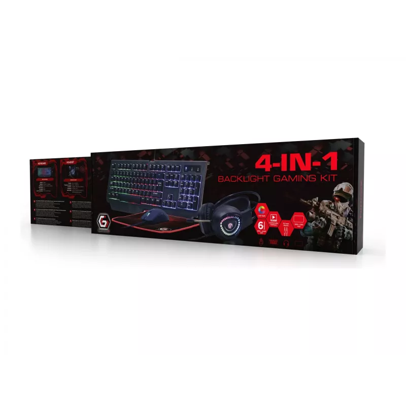 Gembird GGS-UMGL4-01 Phantom kit gaming 4 em 1 retroiluminado (teclado, rato, auscultadores, tapete de rato), com fio USB, disposição US, preto