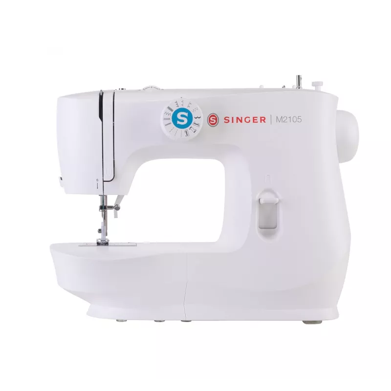 Máquina de costura semiautomática SINGER M2105 – 8 pontos, casa de botão em 4 passos, braço livre, elétrica, branca