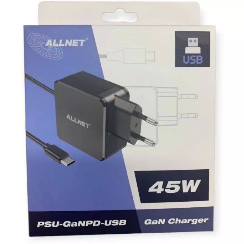 Fonte de alimentação ALLNET PSU-GaNPD-USB-F1C-45W carregador USB-C PD 45W com cabo de 2 m e ficha EU