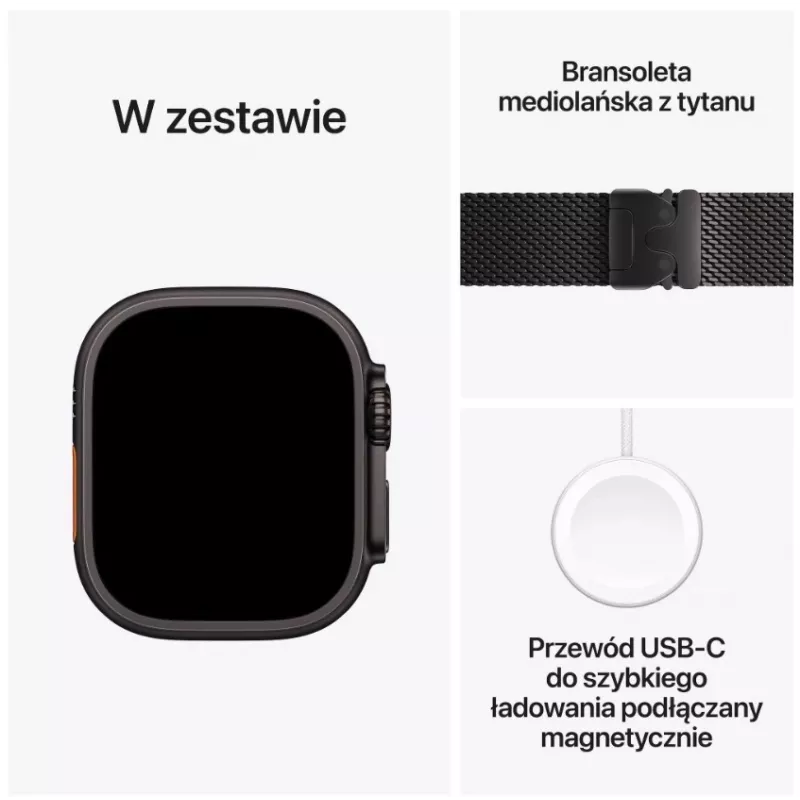Smartwatch Apple Watch Ultra 3 GPS + Cellular 49mm caixa de titânio preta com bracelete Milanese Loop de titânio preta Medium