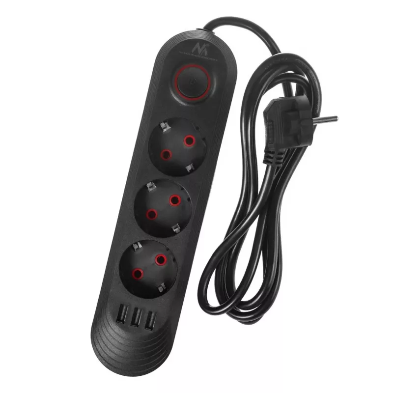 Régua de tomadas MACLEAN MCE394 B — 3 tomadas + 3×USB A, 110–240V, 2,1A USB, 2500W, cabo 1,5 m, preto