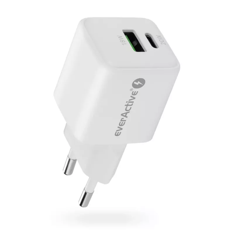 Carregador de parede everActive SC-330Q com 1x USB-A e 1x USB-C conectores, 20W, branco