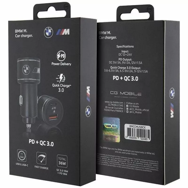 Carregador de automóvel 20W PD-QC 3.0 carregamento rápido preto