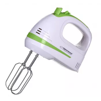 Batedeira manual ESPERANZA EKM011 — 400 W, 5 velocidades, turbo, ganchos para amassar e batedores, 220–240 V, branco/verde-claro