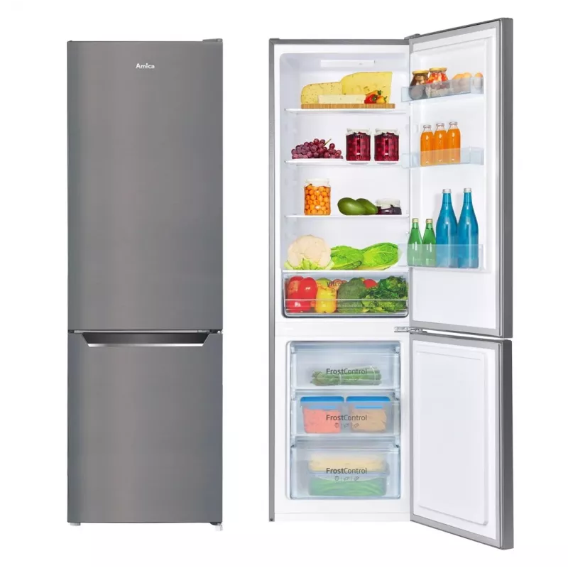 Combinado de frigorífico e congelador AMICA FK2525.4UNTX(E) instalação livre 250L, prateado, congelador em baixo, R600a