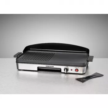 Grelhador de mesa elétrico Rommelsbacher BBQ 2003 — 1900 W, 50×25 cm, canelado + teppanyaki, termostato contínuo, prateado/preto